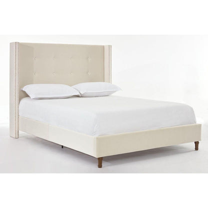 Upholstered Queen Bed / 54" High Headboard / Traditional Hand Buttoned Tufting / Nailhead Trim Wingback / No Box Spring Needed / Easy Assembly / Ivory Velvet
