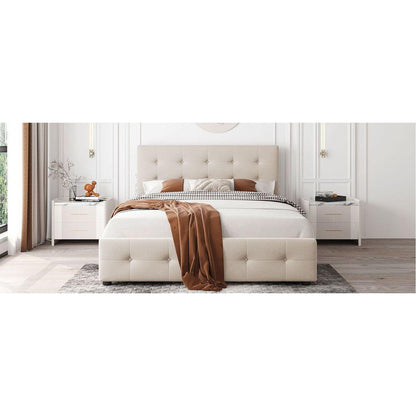 Upholstered Platform Bed with Classic Headboard and 4 Drawers, No Box Spring Needed, Linen Fabric, Queen Size Beige