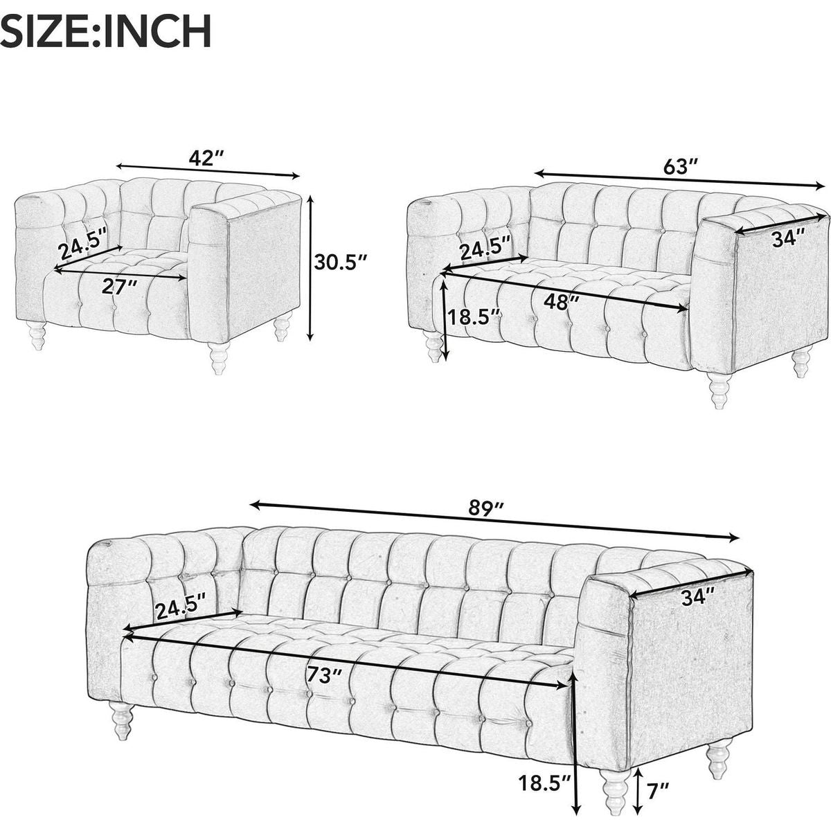 Modern 3-piece sofa set with solid wood legs, buttoned tufted backrest, Dutch fleece upholstered sofa set including three-seater sofa, double seat and living room furniture set single chair, gray