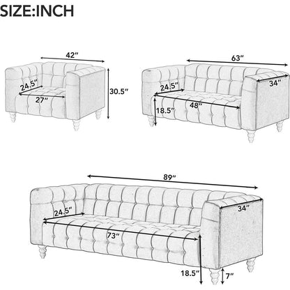 Modern 3-piece sofa set with solid wood legs, buttoned tufted backrest, Dutch fleece upholstered sofa set including three-seater sofa, double seat and living room furniture set single chair, gray