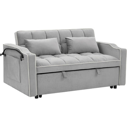 55.51 inch versatile foldable sofa bed in 3 lengths, modern sofa sofa sofa velvet pull-out bed, adjustable back and with USB port and ashtray and swivel phone stand (Grey)