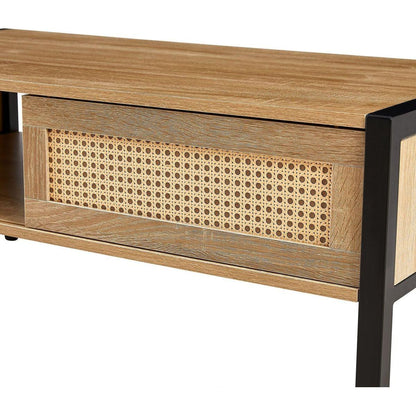 40.16" Rattan Coffee table, sliding door for storage, metal legs, Modern table for living room, natural