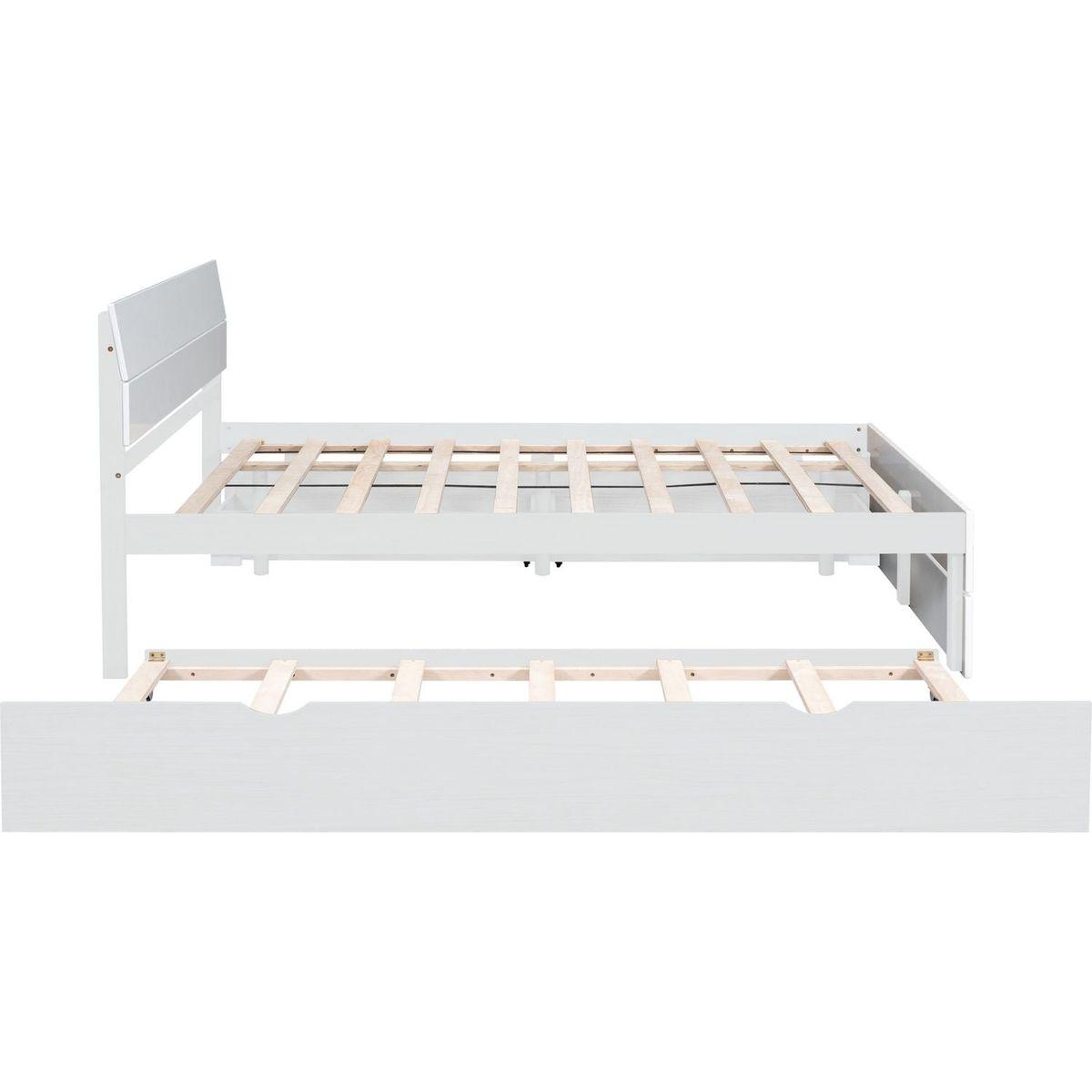 Modern Full Bed Frame With Twin Size Trundle And 2 Drawers For White High Gloss and Washed White Color