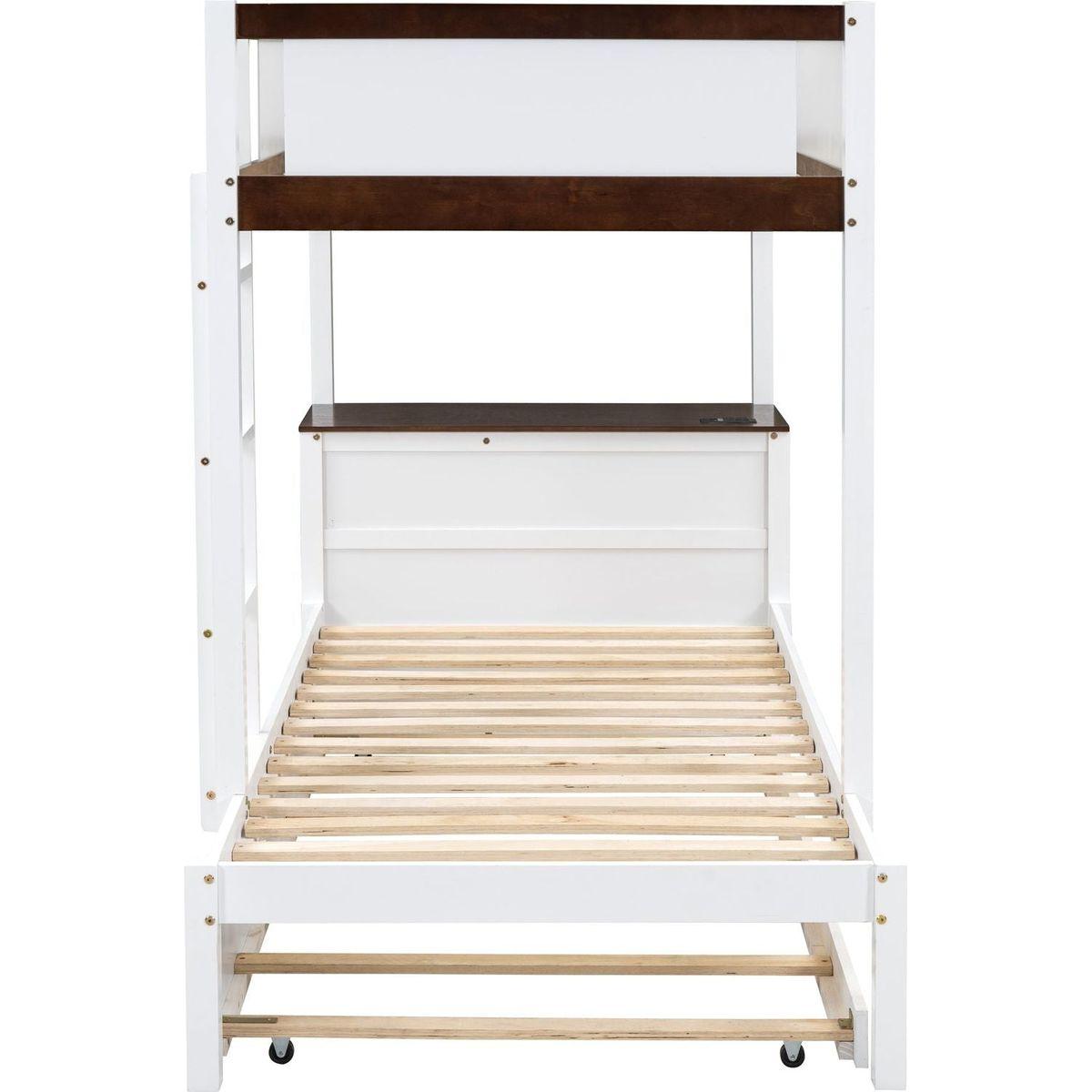 Twin-Over-Twin Bunk Bed with Twin size Trundle, Storage and Desk, White+Walnut