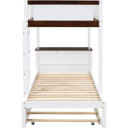 Twin-Over-Twin Bunk Bed with Twin size Trundle, Storage and Desk, White+Walnut