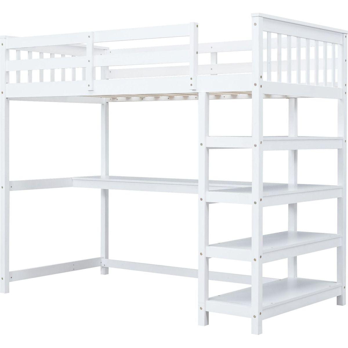 Twin Size Loft Bed with Storage Shelves and Under-bed Desk, White