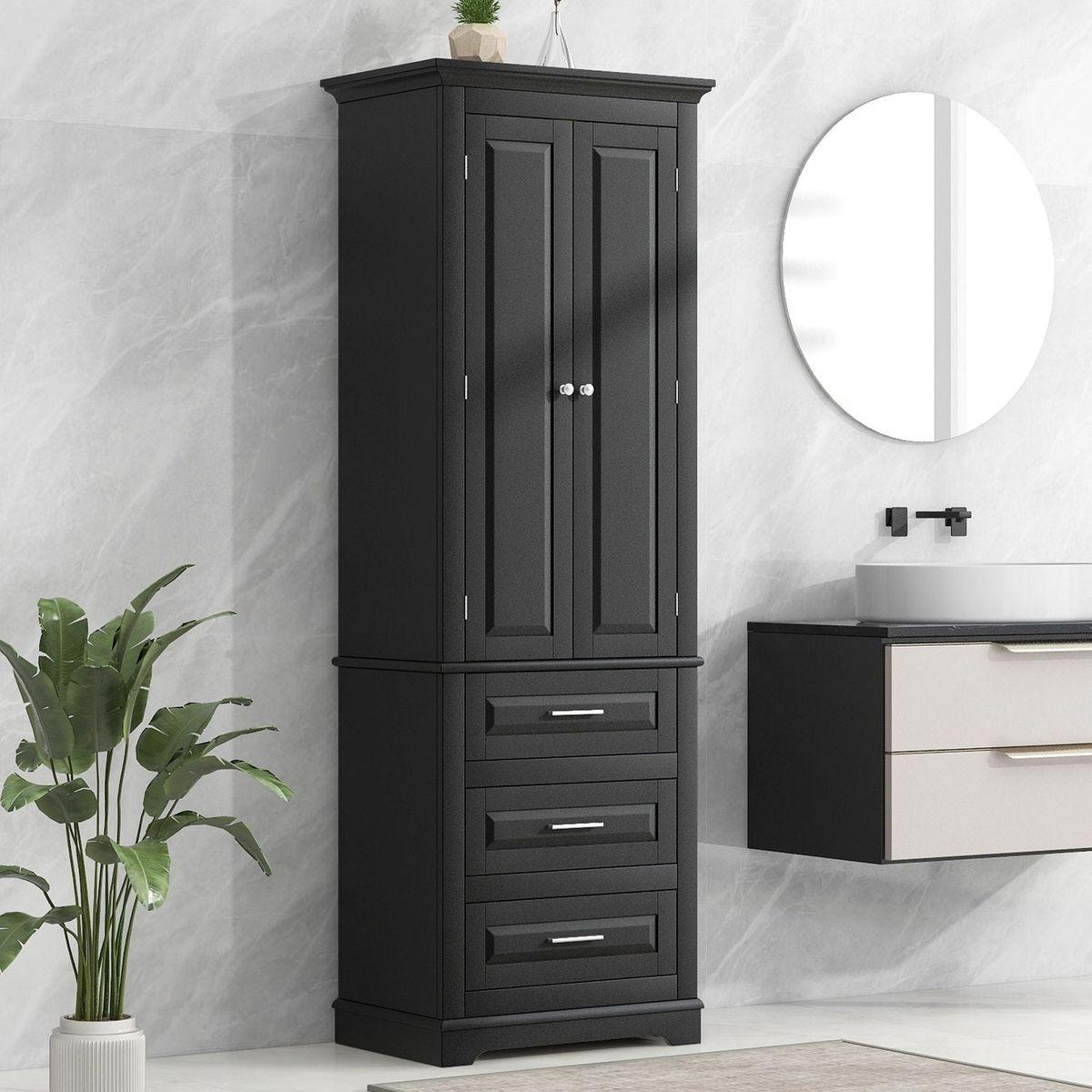 Tall Storage Cabinet with Three Drawers for Bathroom/Office, Black