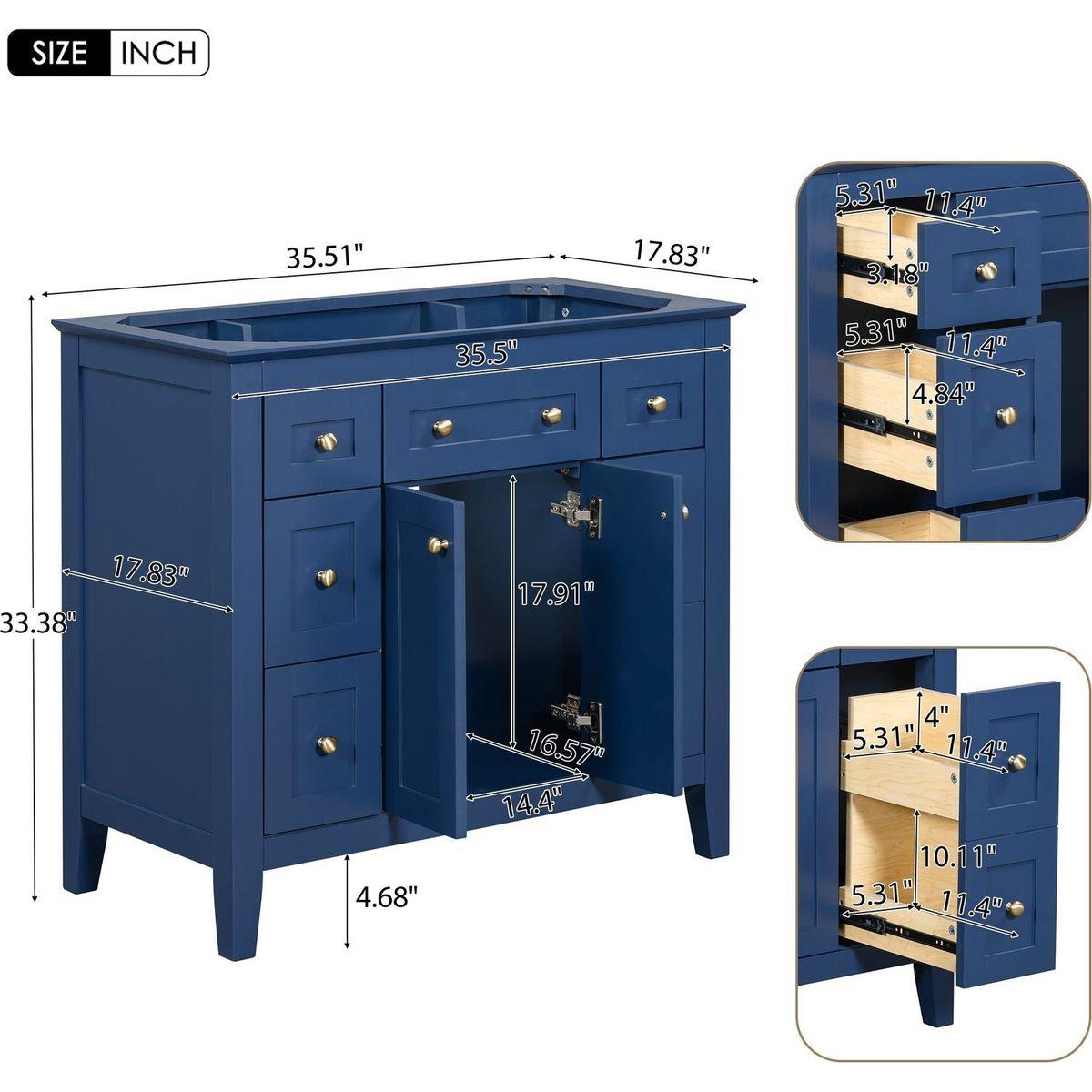 36" Bathroon Vanity without Sink, Modern Freestanding Single Bathroom Cabinet with 6 Drawers & 2 Cabinets, Storage Cabinet for Bathroom, Solid Wood Frame Vanity Set, Blue (NOT INCLUDE SINK)