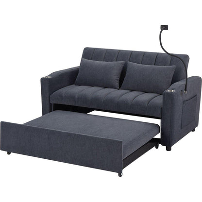 55.9" Convertible Sofa Bed Loveseat Sofa with Three USB Ports, Two Side Pockets, Two Cup Holders and 360Swivel Phone Holder for Living Room, Blue Grey