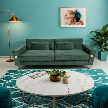 FX-P18-RG2(SOFA) Luxury Emerald Green Velvet Sofa with Gold Accents - Modern 3-Seat Couch with Plush Cushions, Perfect for Living Room and Office Decor