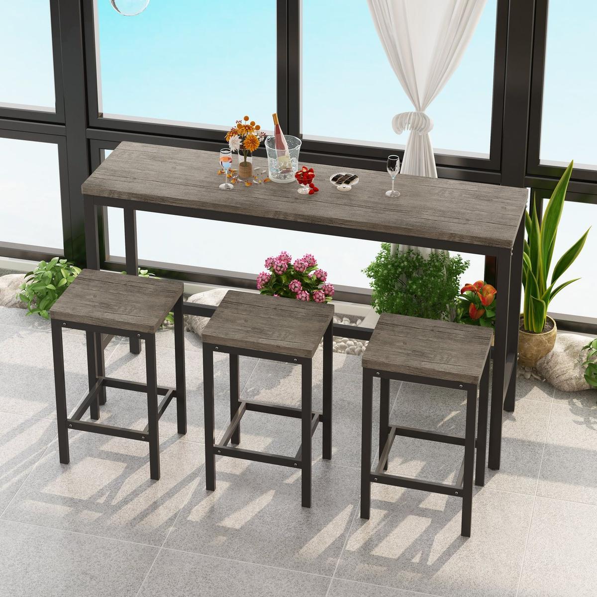 Modern Design Kitchen Dining Table, Pub Table, Long Dining Table Set with 3 Stools, Easy Assembly, Brown Gray