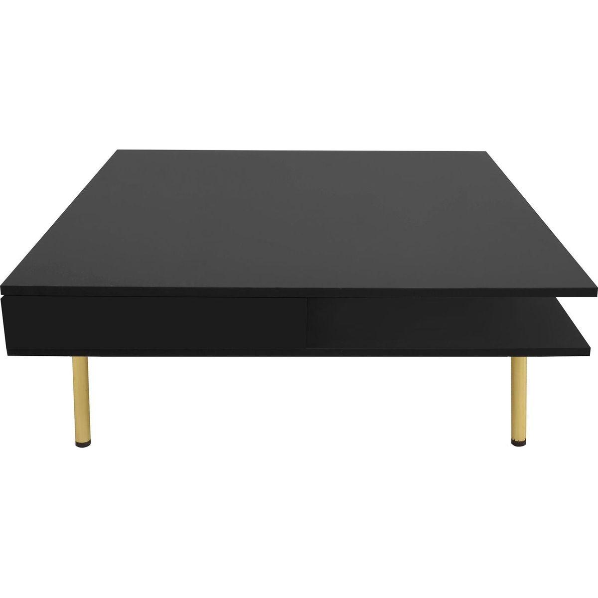 Exquisite High Gloss Coffee Table with 4 Golden Legs and 2 Small Drawers, 2-Tier Square Center Table for Living Room, Black