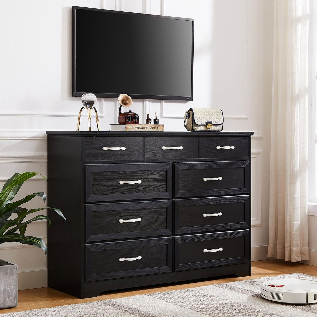 Bedroom dresser, 9 drawer long dresser with antique handles, wood chest of drawers for kids room, living room, entry and hallway, Black, 47.56"W x 15.75"D x 34.45"H.