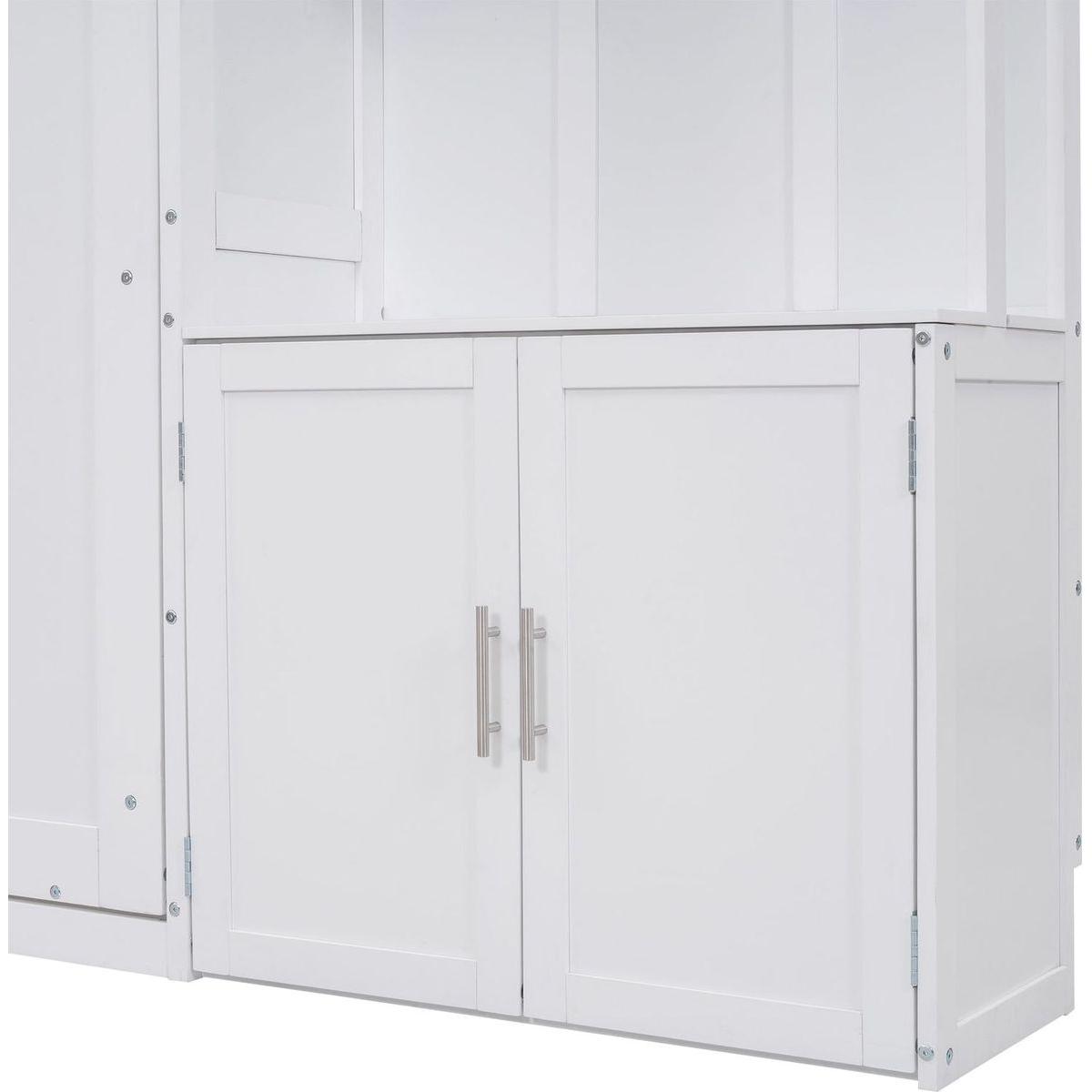 Full Size Murphy Bed with Multiple Storage Shelves and A Cabinet, White