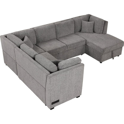 108.6" U-shaped Sectional Sofa Pull out Sofa Bed with Two USB Ports, Two Power Sockets, Three Back Pillows and a Storage Chaise for Living Room, Light Gray