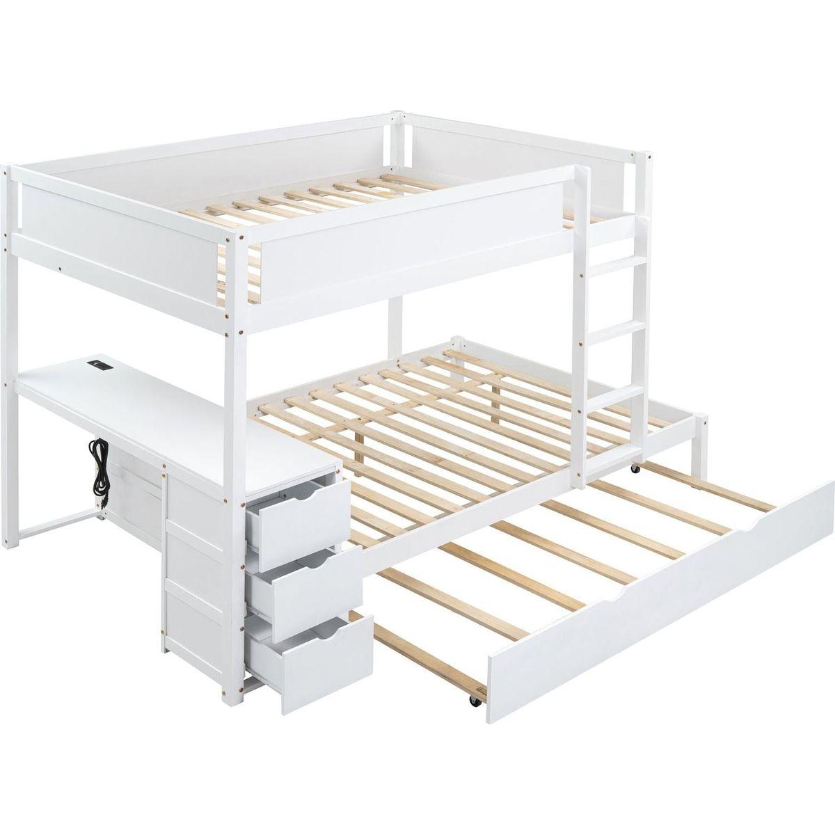 Full-Over-Full Bunk Bed with Twin size Trundle, Storage and Desk, White