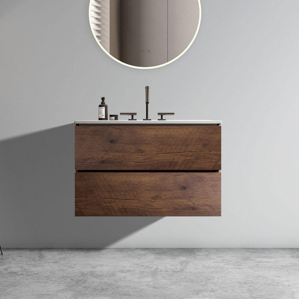 Wall Mount 30" Walnut Bathroom Vanity with Ceramic Sink with three faucet holes, Large Storage Floating Bathroom Vanity for Modern Bathroom, One-Piece Sink Basin without Drain, Pre-assembled