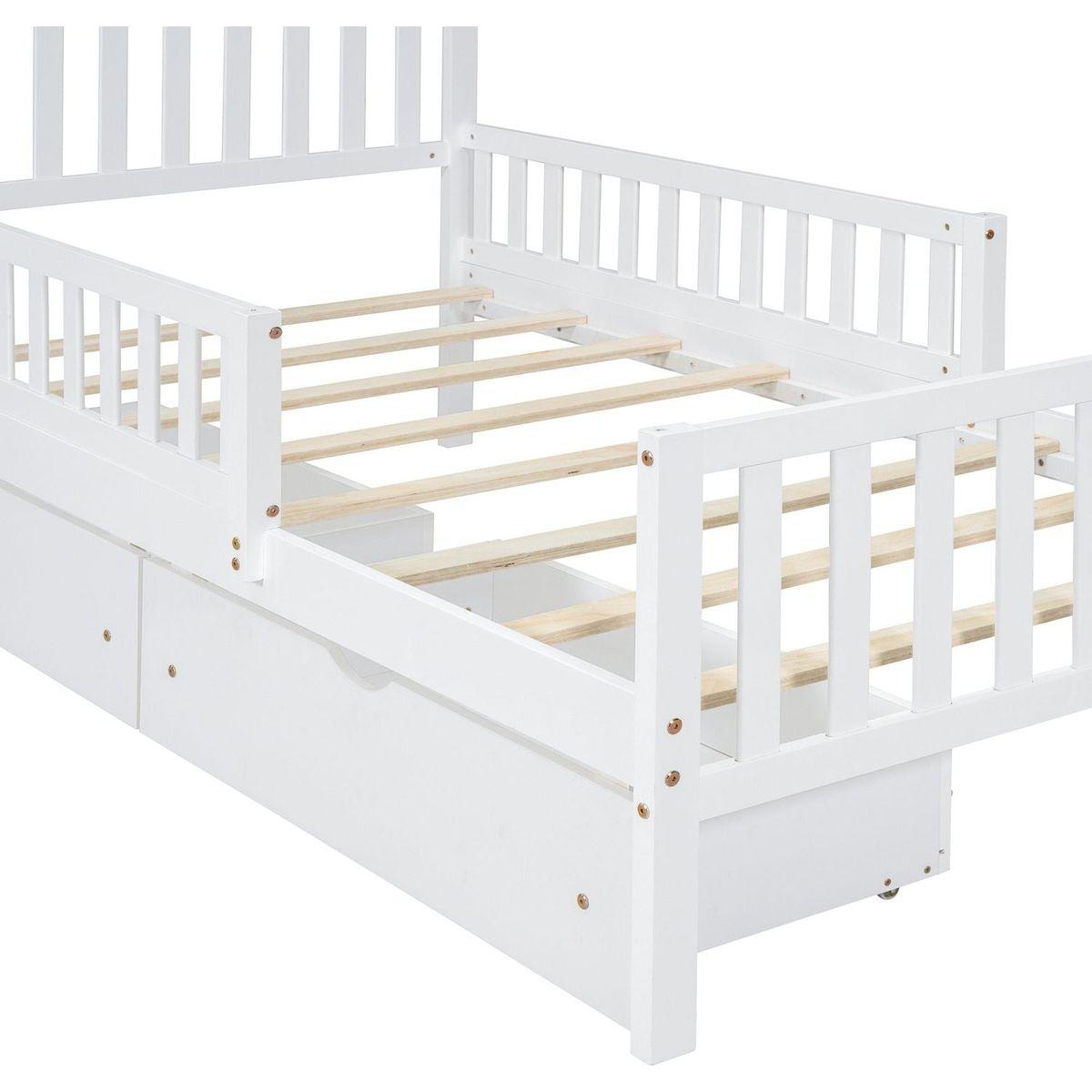 Twin Size Wood Platform Bed with Guardrails on Both Sides and Two Storage Drawers, White