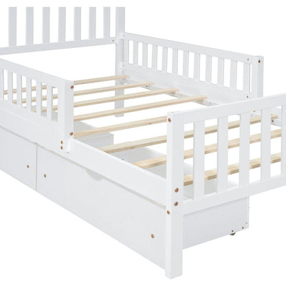 Twin Size Wood Platform Bed with Guardrails on Both Sides and Two Storage Drawers, White
