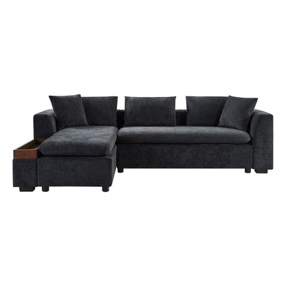 Modern L-Shaped Sectional Sofa with Chenille Upholstery and Wooden Storage, Black