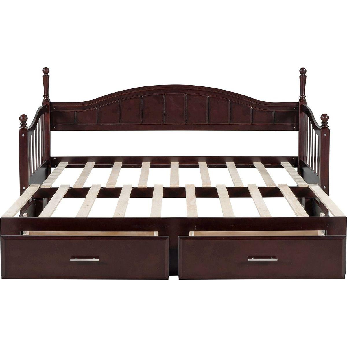 Wooden Twin Size Daybed with Twin Size Trundle, Extendable Daybed with Two Storage Drawers, Espresso