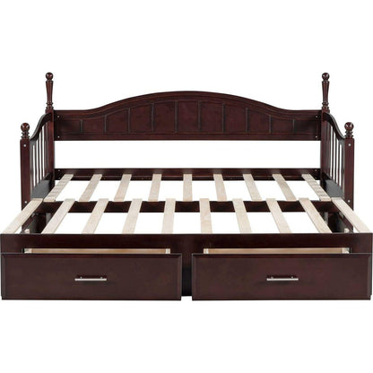 Wooden Twin Size Daybed with Twin Size Trundle, Extendable Daybed with Two Storage Drawers, Espresso