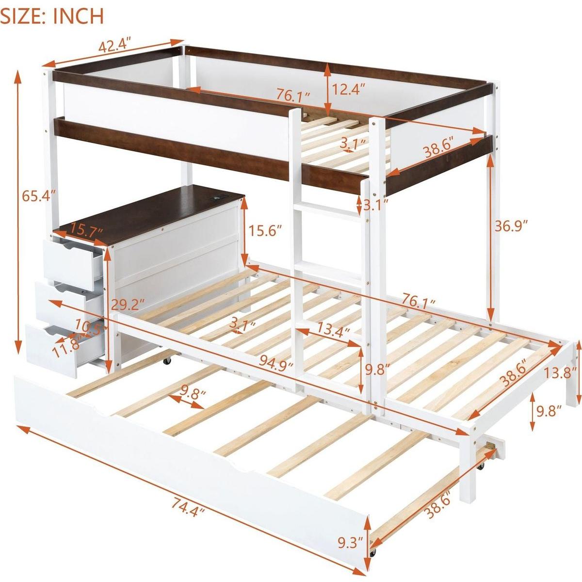 Twin-Over-Twin Bunk Bed with Twin size Trundle, Storage and Desk, White+Walnut