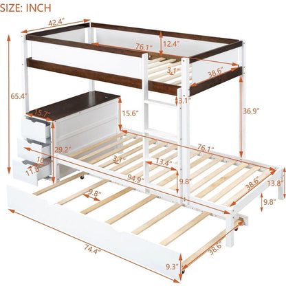 Twin-Over-Twin Bunk Bed with Twin size Trundle, Storage and Desk, White+Walnut