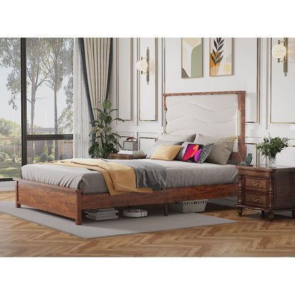 King Size Bed Frame with Upholstered Headboard, King Bed Frame with Charging Station and LED Lights, Wood Slats, Dark Gray Linen, No Box Spring Needed, Easy Assembly