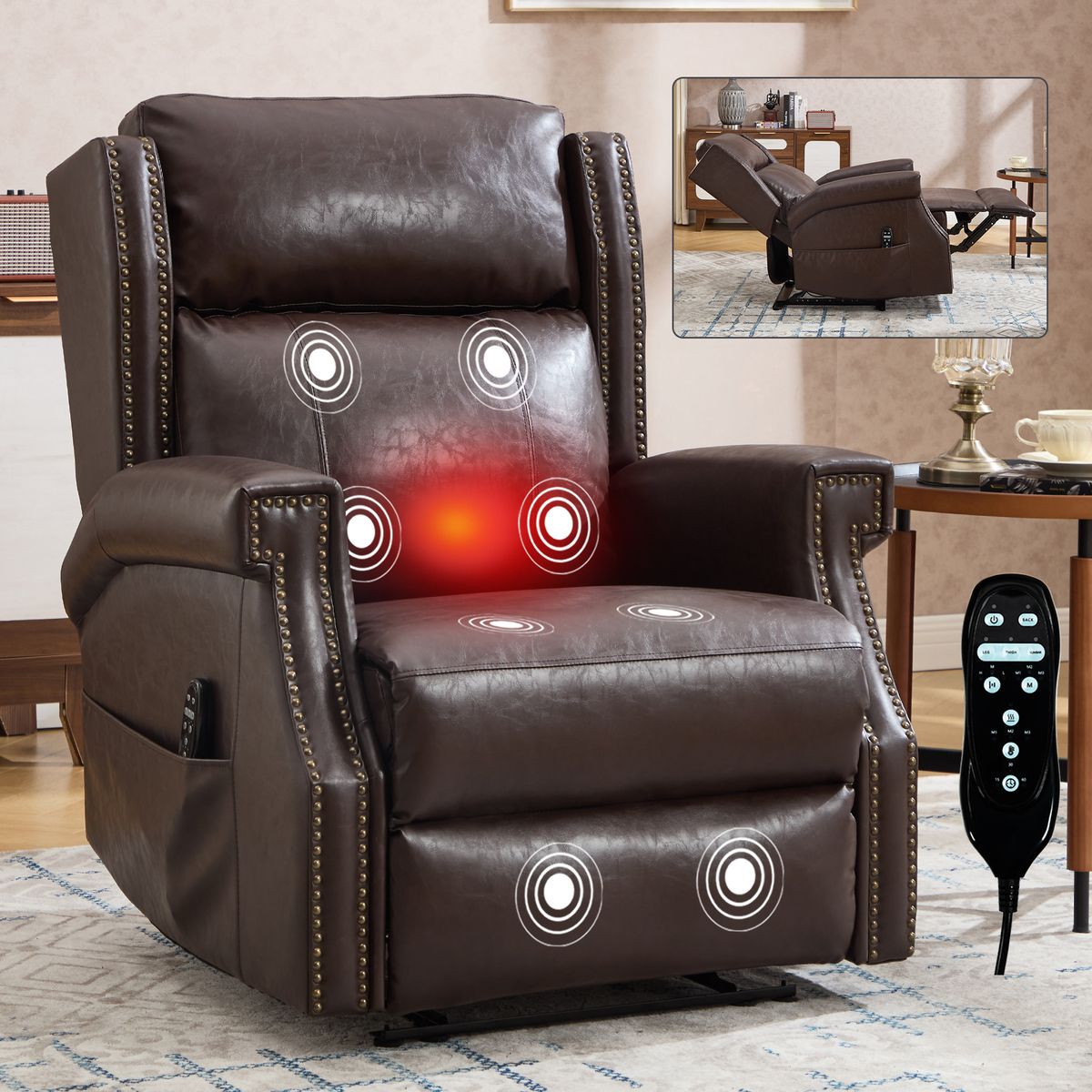 Brown Manual Recliner Chair in Faux Leather for Living Room with Heavy Duty Motion Mechanism, 8 vibrating nodes and 3 massage modes