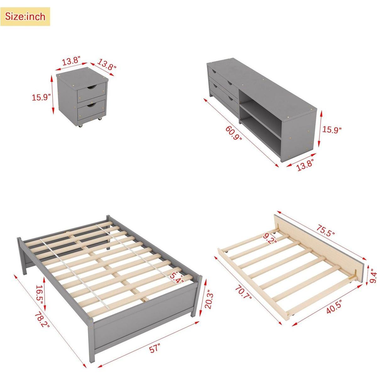 Versatile Full Bed with Trundle,Under bed Storage Box and Nightstand .Grey