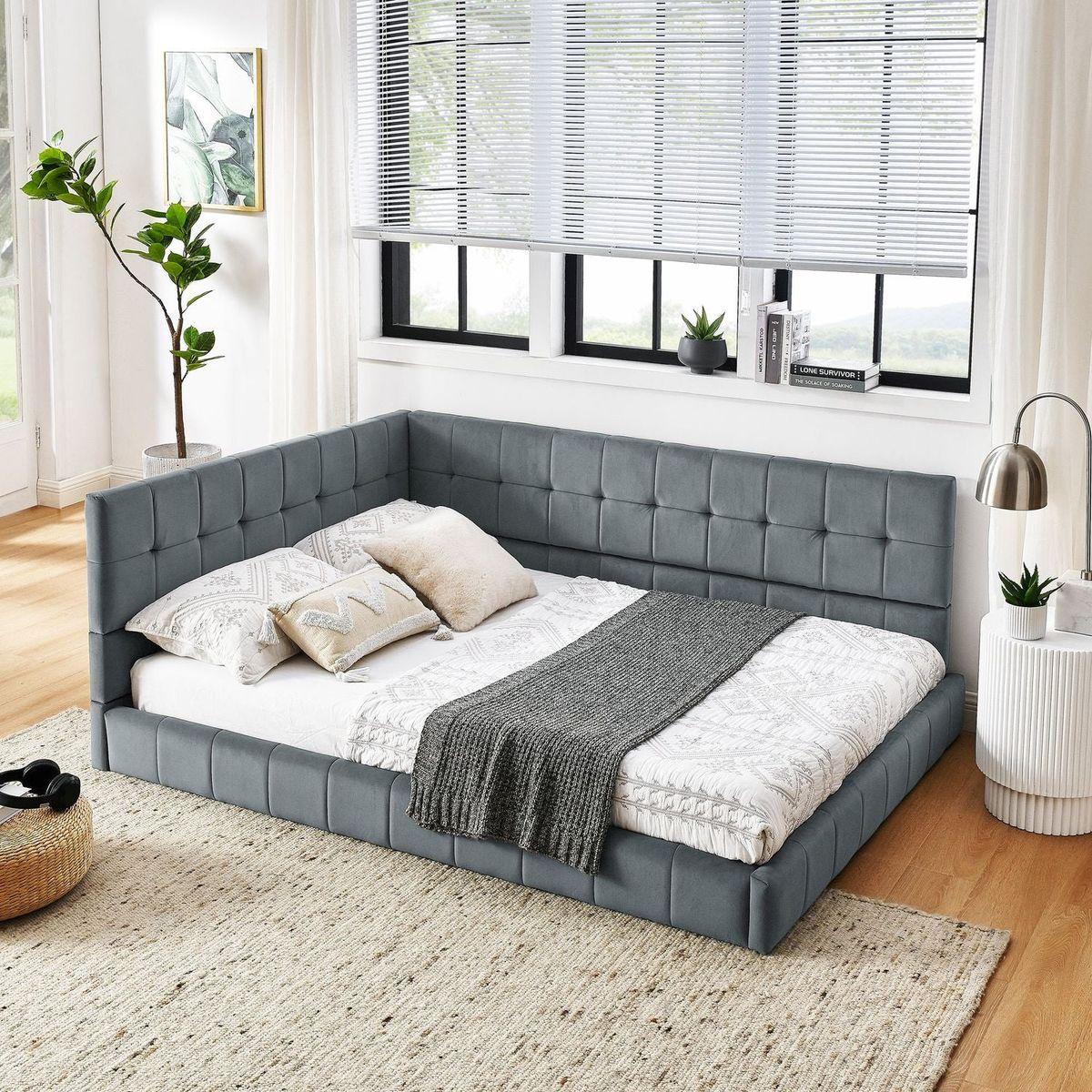 Full Size Upholstered Tufted Bed Frame, Sofa Bed Frame with Comfortable Backrest and Armrests, Full Size Bed for Bedroom, Living Room,Velvet, Grey(80.5"x59"x30.5")