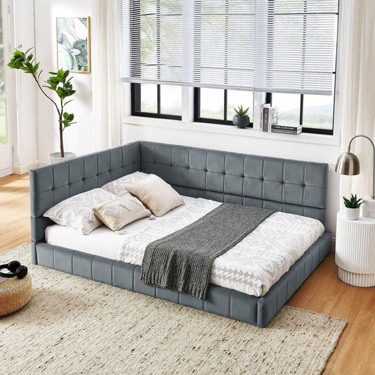 Full Size Upholstered Tufted Bed Frame, Sofa Bed Frame with Comfortable Backrest and Armrests, Full Size Bed for Bedroom, Living Room,Velvet, Grey(80.5"x59"x30.5")