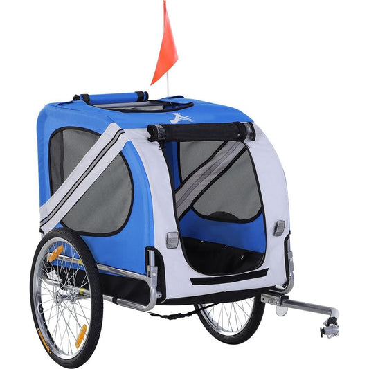 Dog Bike Trailer Pet Cart Bicycle Wagon Cargo Carrier Attachment for Travel with 3 Entrances Large Wheels for Off-Road & Mesh Screen - Light Blue / White