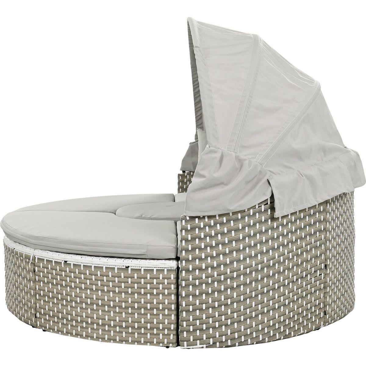 Patio Furniture Round Outdoor Sectional Sofa Set Rattan Daybed Two-Tone Weave Sunbed with Retractable Canopy, Separate Seating and Removable Cushion, Gray