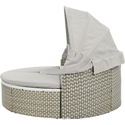 Patio Furniture Round Outdoor Sectional Sofa Set Rattan Daybed Two-Tone Weave Sunbed with Retractable Canopy, Separate Seating and Removable Cushion, Gray