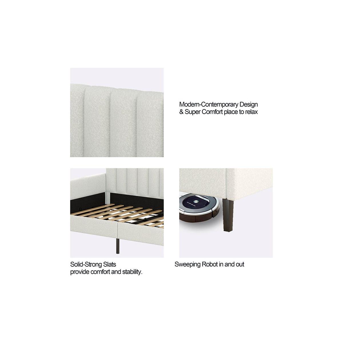 Elena Twin Size Ivory Boucle Upholstered Daybed, Ribbed Tufted Backrest, Daybed in Lavish Modern Design, Richly Hued Foam Comfort