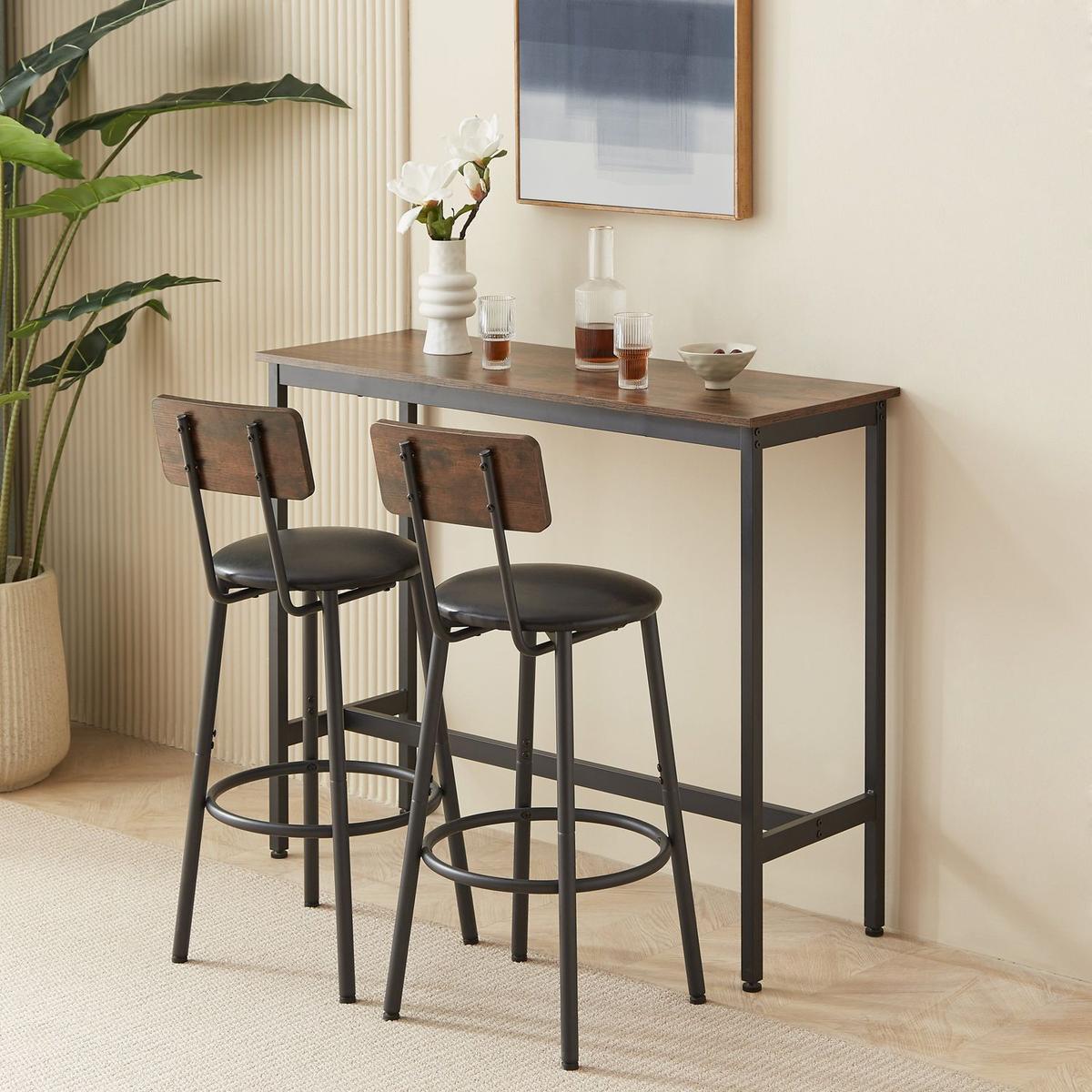Bar Table Set with 2 Bar stools PU Soft seat with backrest, Rustic Brown, 43.31" L x 15.75" W x 35.43" H.