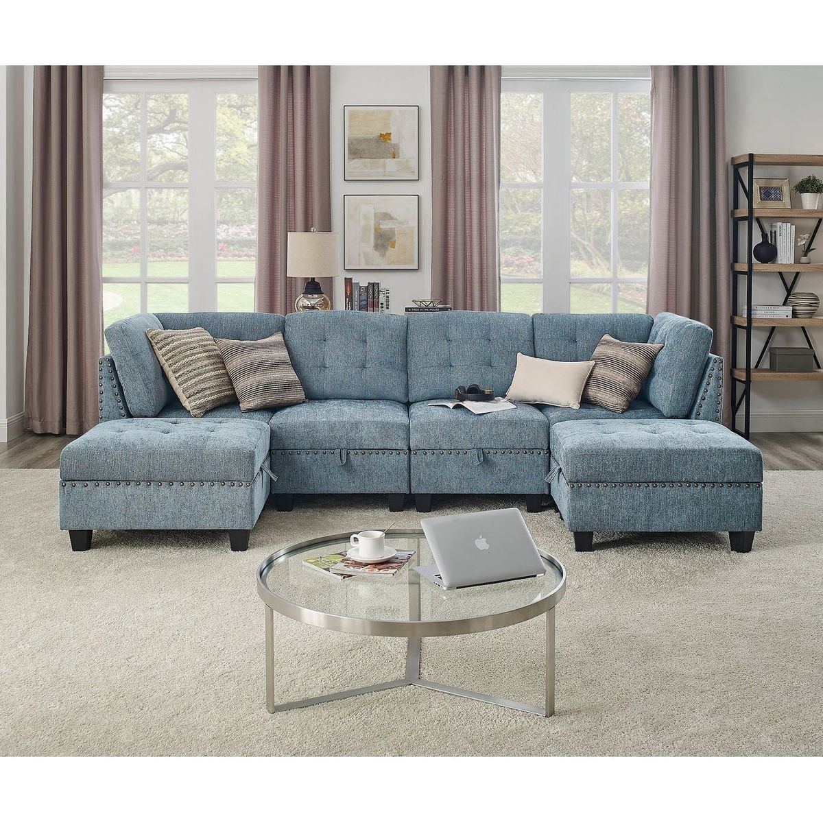 U shape Modular Sectional Sofa,DIY Combination,includes Two Single Chair, Two Corner and Two Ottoman,Navy Chenille