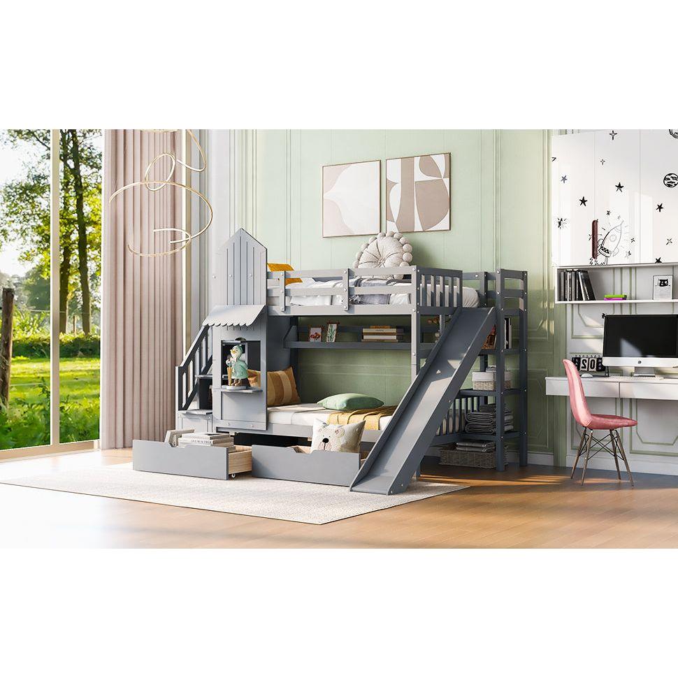 Twin-Over-Twin Castle Style Bunk Bed with 2 Drawers 3 Shelves and Slide - Gray