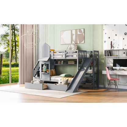 Twin-Over-Twin Castle Style Bunk Bed with 2 Drawers 3 Shelves and Slide - Gray