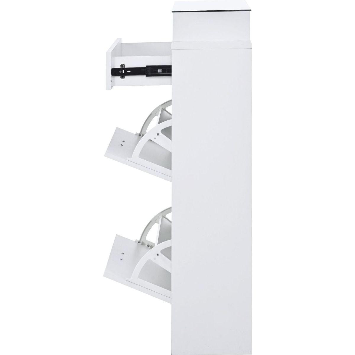 Slim Entryway Organizer with 2 Flip Drawers, Tempered Glass Top Shoe Storage Cabinet with Drawer, Free Standing Shoe Rack with LED Light for Hallway, White