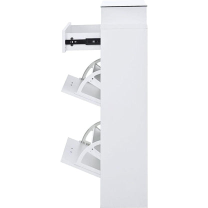 Slim Entryway Organizer with 2 Flip Drawers, Tempered Glass Top Shoe Storage Cabinet with Drawer, Free Standing Shoe Rack with LED Light for Hallway, White