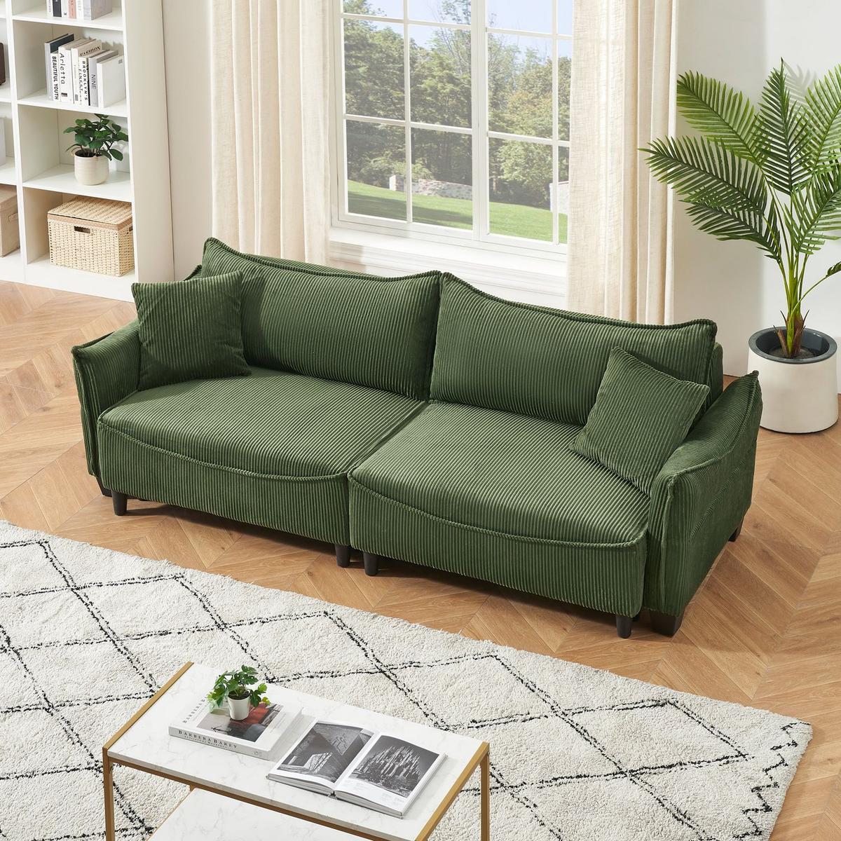 green corduroy fabric, sofa can be converted into a sofa bed with two throw pillows, suitable for living room and other scenes