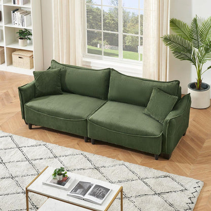 green corduroy fabric, sofa can be converted into a sofa bed with two throw pillows, suitable for living room and other scenes