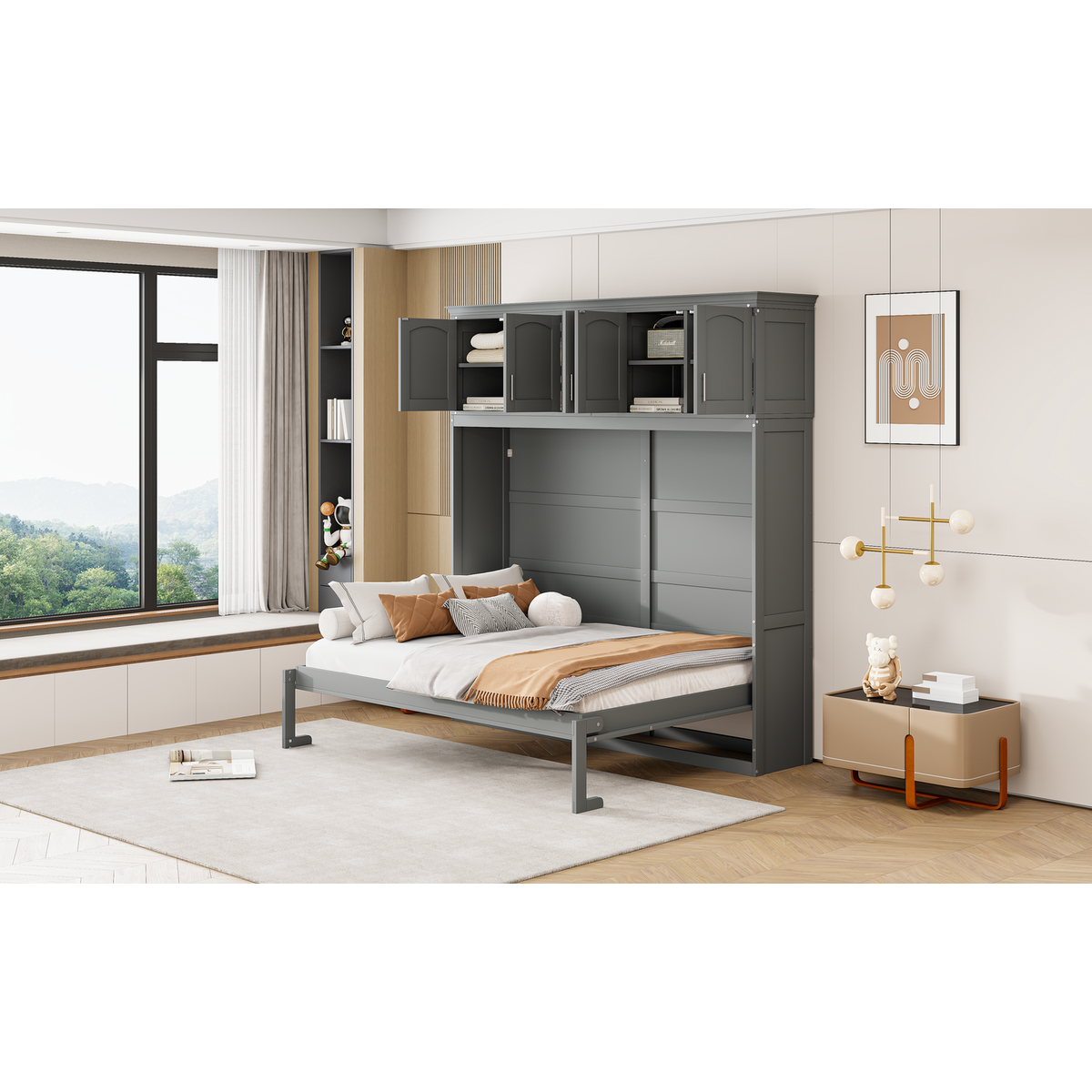 Full Size Murphy Bed Wall Bed with Top Cabinets,Gray