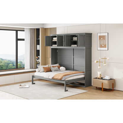 Full Size Murphy Bed Wall Bed with Top Cabinets,Gray