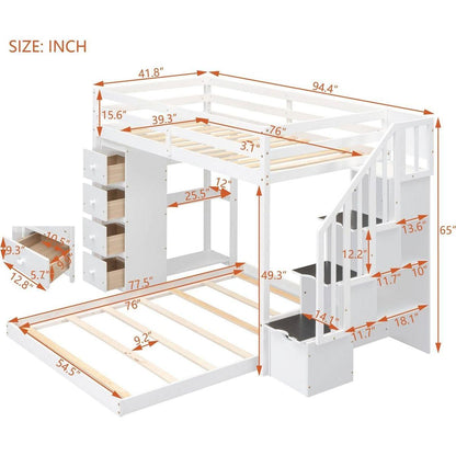 Twin Over Full Bunk Bed with 3-layer Shelves, Drawers and Storage Stairs, White