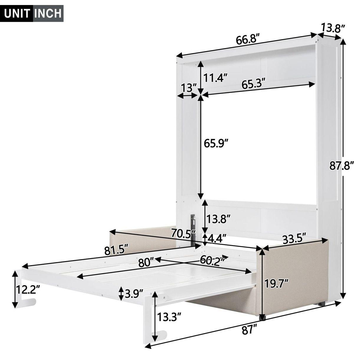 Queen Size Murphy Bed Wall Bed with Cushion, White