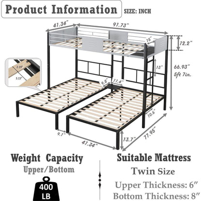 Triple Bunk Bed with Vent Board/ Sturdy Metal Frame/ Noise-Free Wood Slats/ Separatable into three beds/ No Box Spring Needed